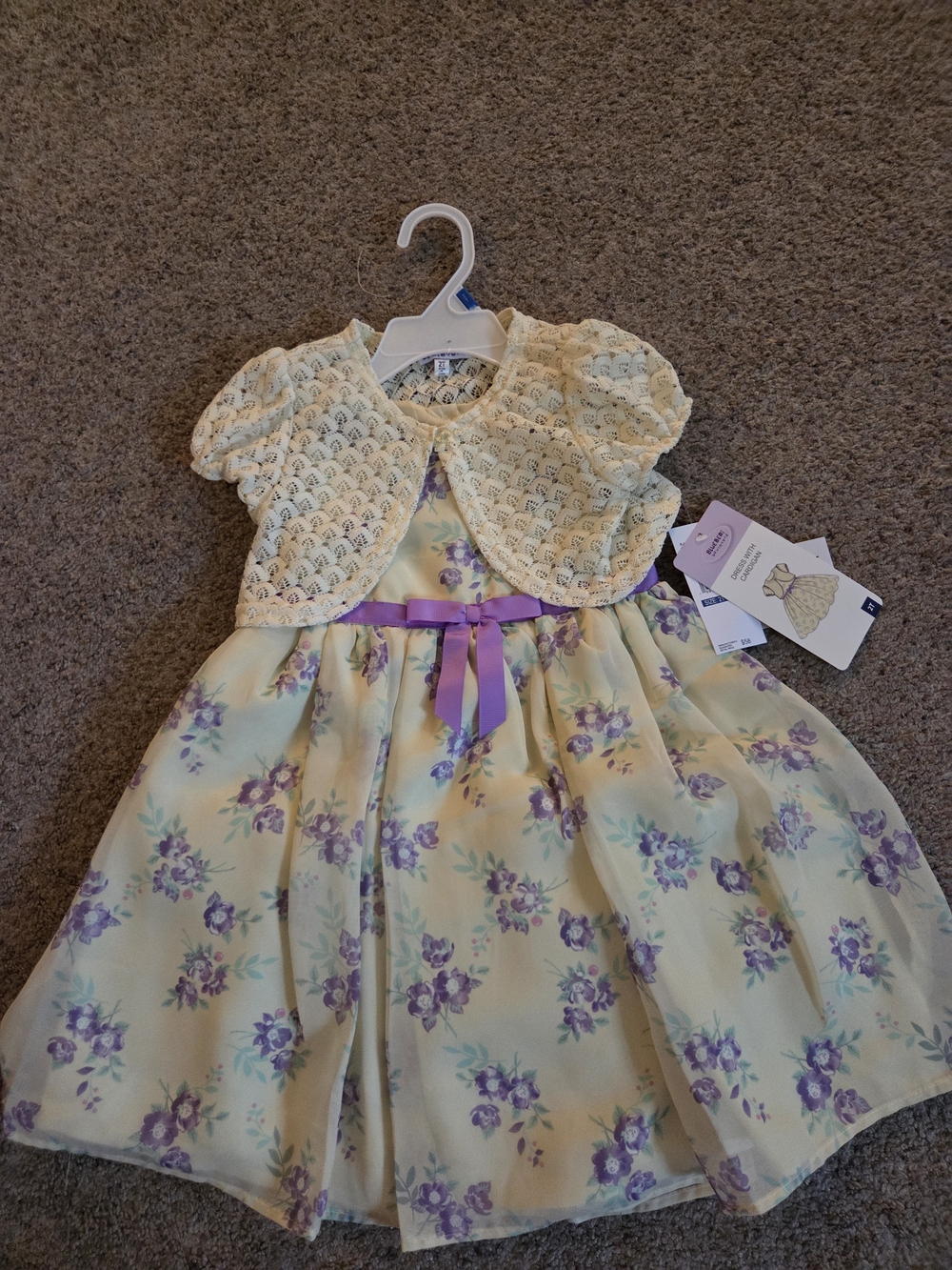 Blueberi Boulevard Yellow Floral Dress with Purple Ribbon and Lace Bolero